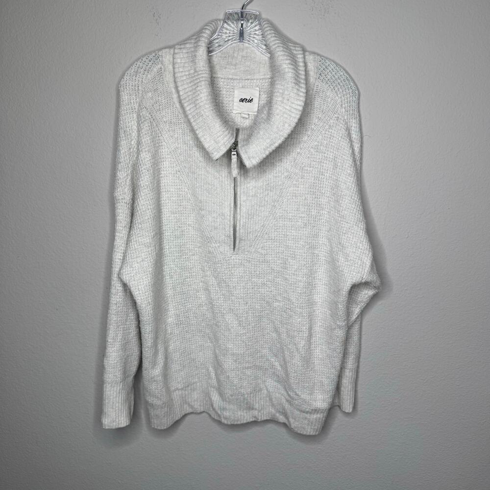 Aerie Women’s White Half Zip Collared Sweater Size M Soft Knit Pullover